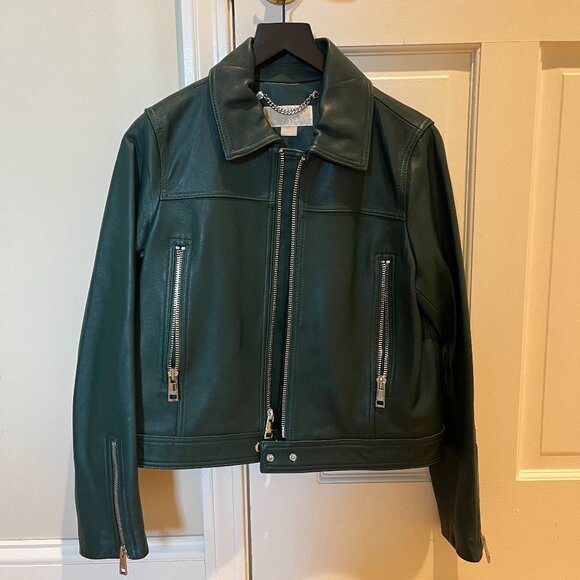 [NEW] Michael Kors Green Heavy Genuine Leather Moto Jacket- Size M - Picture 3 of 5